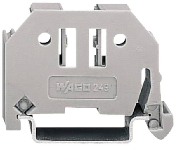 Grey insulated terminal block with two connection openings and a side lever, used in electrical circuits for secure connection of wires.