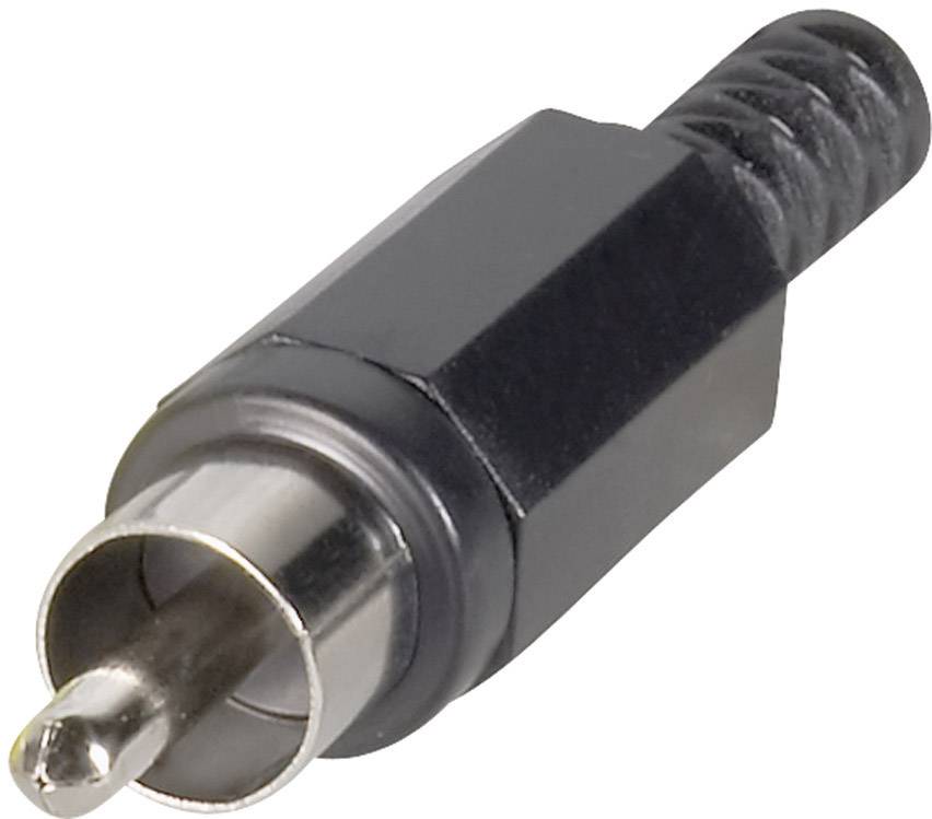 A black RCA plug with a metal tip, used for audio and video connections.
