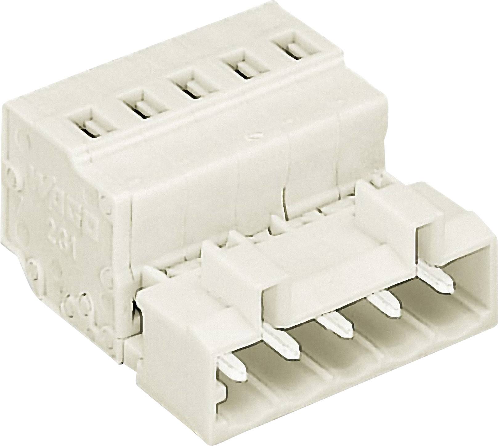 A white plastic plug with five metal pins, typically used for electrical connections.