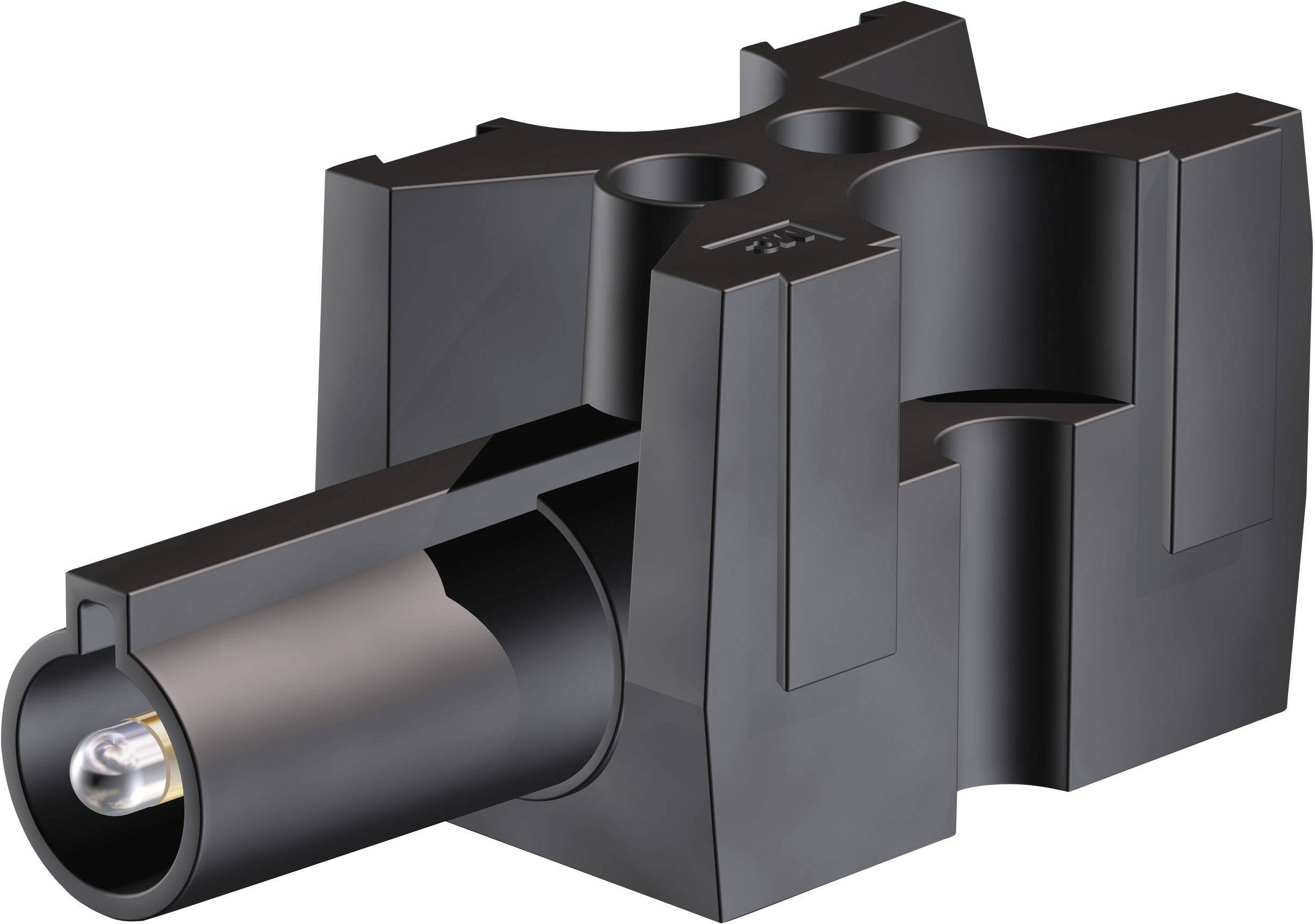 Black plastic component with a cylindrical opening and recesses, suitable for mechanical or electronic applications.