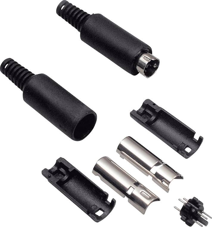 Disassembled parts of an electronic connector, comprising housings, metal contacts, and plastic covers.
