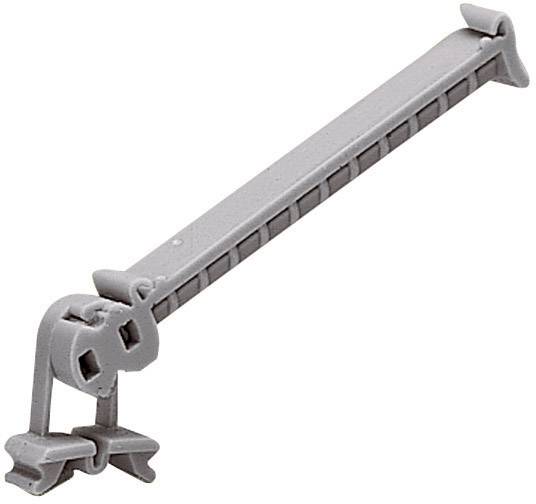 Grey plastic component with a gear-like structure, used for mounting or fastening purposes.