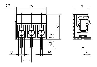 Technical drawing of an electrical connector with dimensions in millimetres, front and side view, dimensions highlighted.