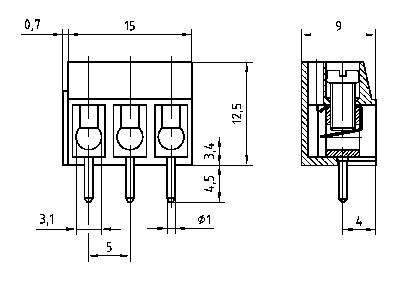 Technical drawing of an electrical connector with dimensions in millimetres, front and side view, dimensions highlighted.