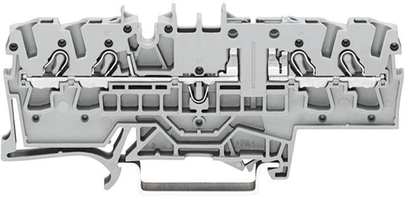 Grey plastic clamp with multiple terminals and metal contacts. Used for electrical wiring in control cabinets.