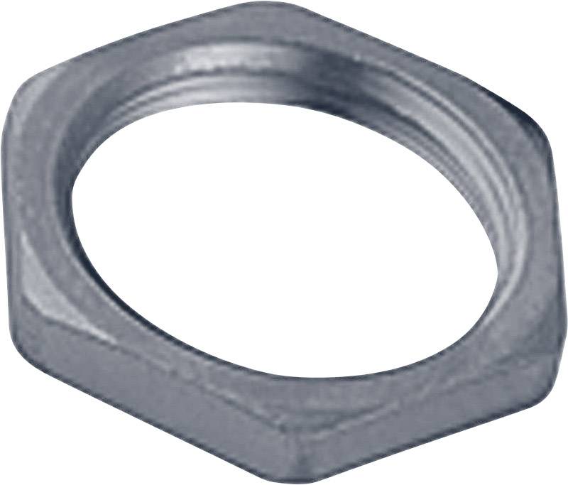 Metal hexagonal nut, silver-coloured, with internal threading. Used for securing bolts in mechanical constructions.