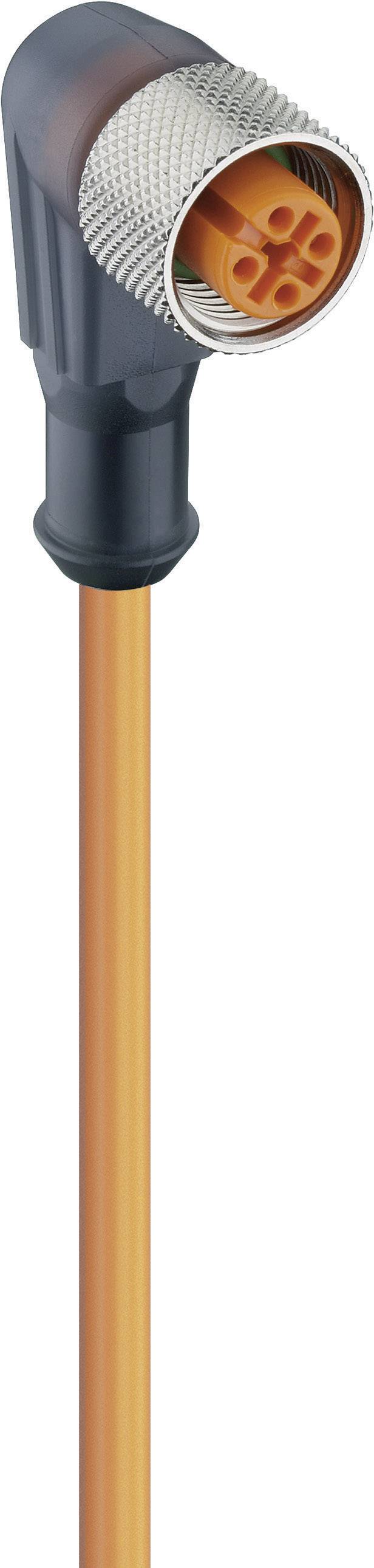 An orange, angled connector cable with four pins, suitable for industrial applications or machine connections.
