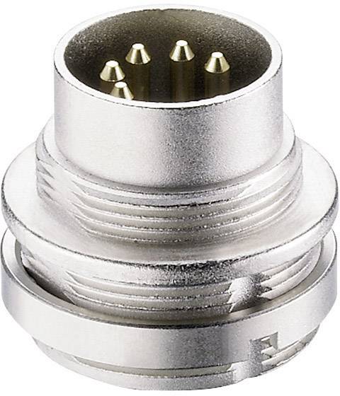 Round, metallic plug with six golden pins. Possibly an audio or data connection.