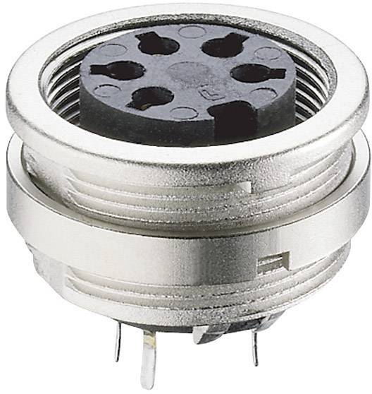 A silver, round connector with multiple metal pins and a black plastic housing, suitable for electronic connections.