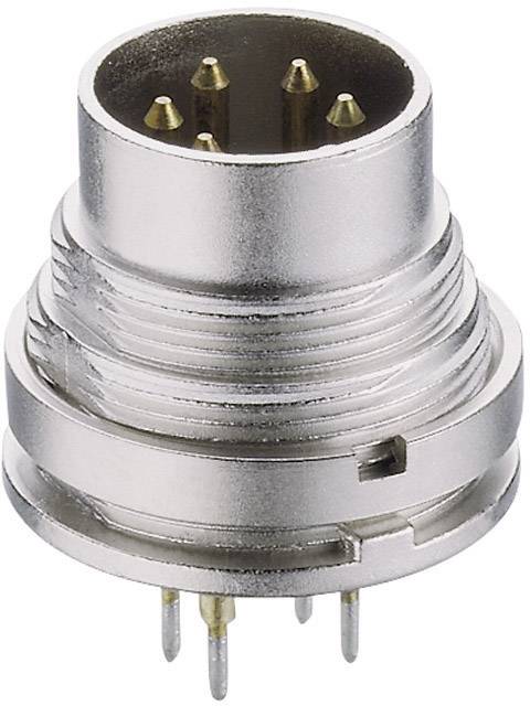 A silver, cylindrical connector with multiple golden pins used for electronic connections.