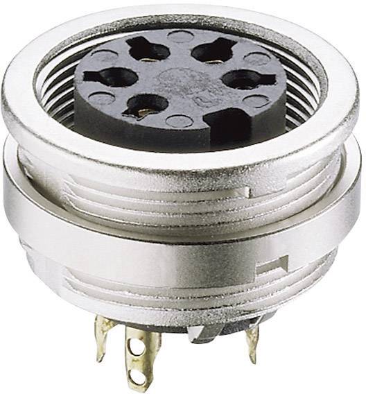 A round, metallic electrical plug with five circular openings, suitable for electronic connections, featuring three visible metal contacts.
