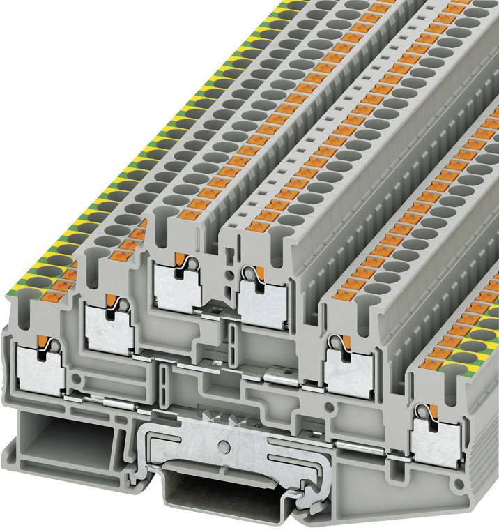 A stack of grey terminal blocks with orange levers and yellow-green markings. Designed for electrical connections in distribution boxes.