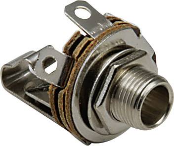 Metal connector, likely a coaxial connection, shows assembly configuration with insulator washers and hexagonal nut.