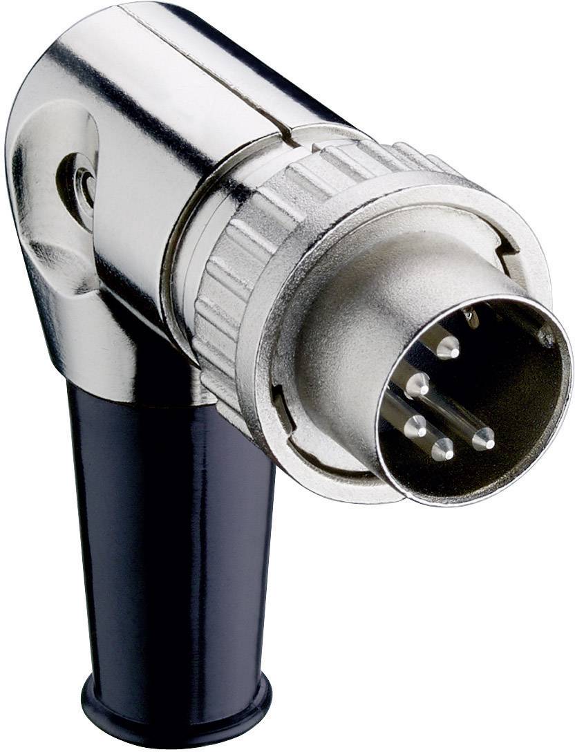 A silver, right-angled XLR plug with multiple metal pins. Suitable for audio cable connections in professional sound setups.