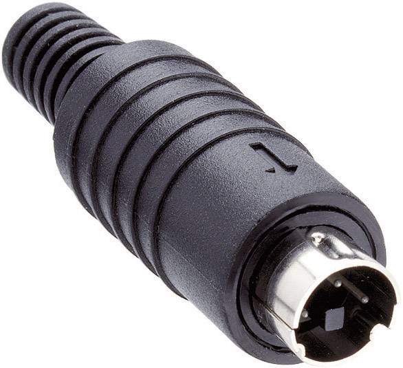 A black electric plug with metallic contacts, typically used for connecting audio or video devices.