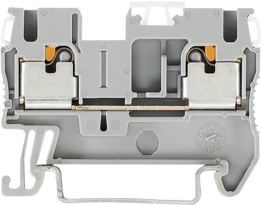 A grey electrical circuit breaker with orange components, used for protecting and interrupting electrical circuits.