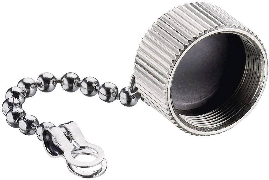 Metal cap with knurling and a short metal ball chain attached to a small securing ring.