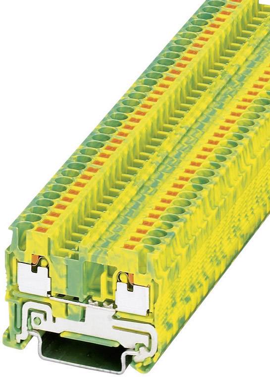 Multi-layered yellow-green terminal block with multiple connection points for electrical connections. Used in industrial applications.