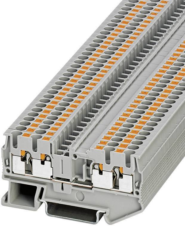 Electrical terminal block in grey with orange terminals, suitable for connecting electrical cables in control panels.