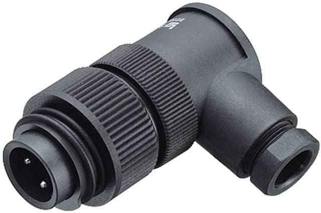 A black, right-angled connector with multiple grooves and three pins, suitable for industrial applications.