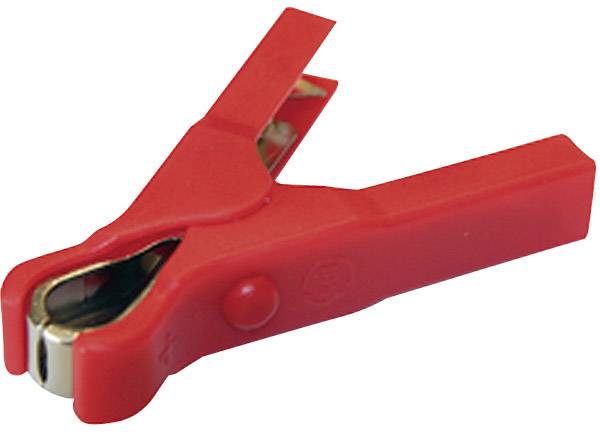 Red battery terminal with metal clamps, side view. Used for connecting electrical circuits, commonly found on car batteries.