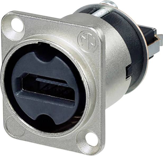 Silver metal container with black internal components, suitable for audio or video connections. Four mounting screw holes visible.
