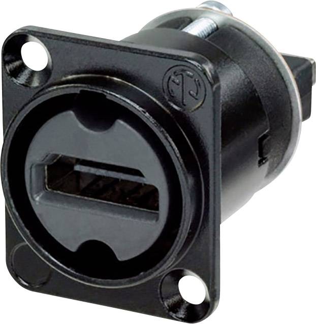 A black, round USB plug with a rectangular connection on a black mounting plate.