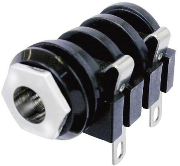 A black, four-pole audio jack socket with metallic contacts and screw mounting. Suitable for installation in electronic devices.