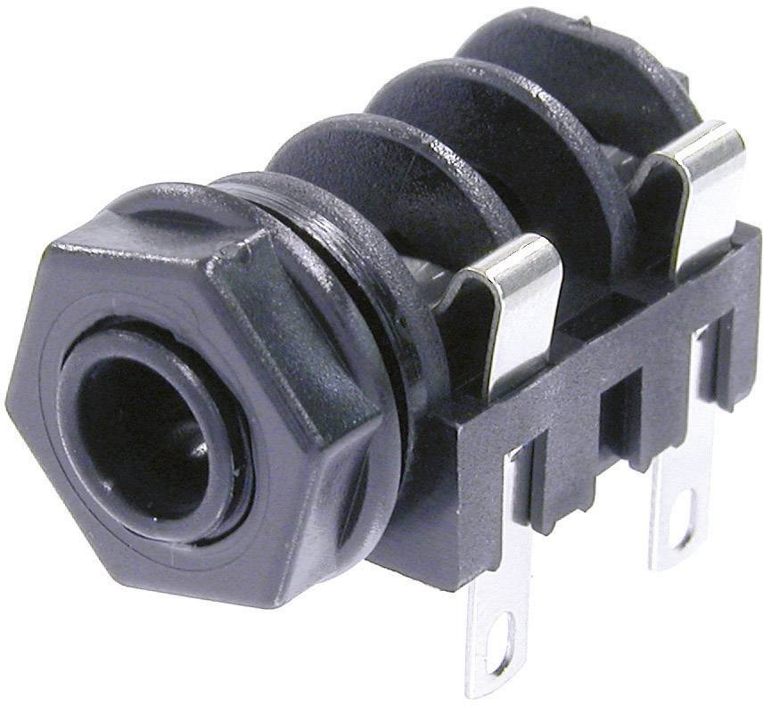 Black 3.5 mm audio socket with hexagonal nut, three angled metallic contacts and a plastic housing.