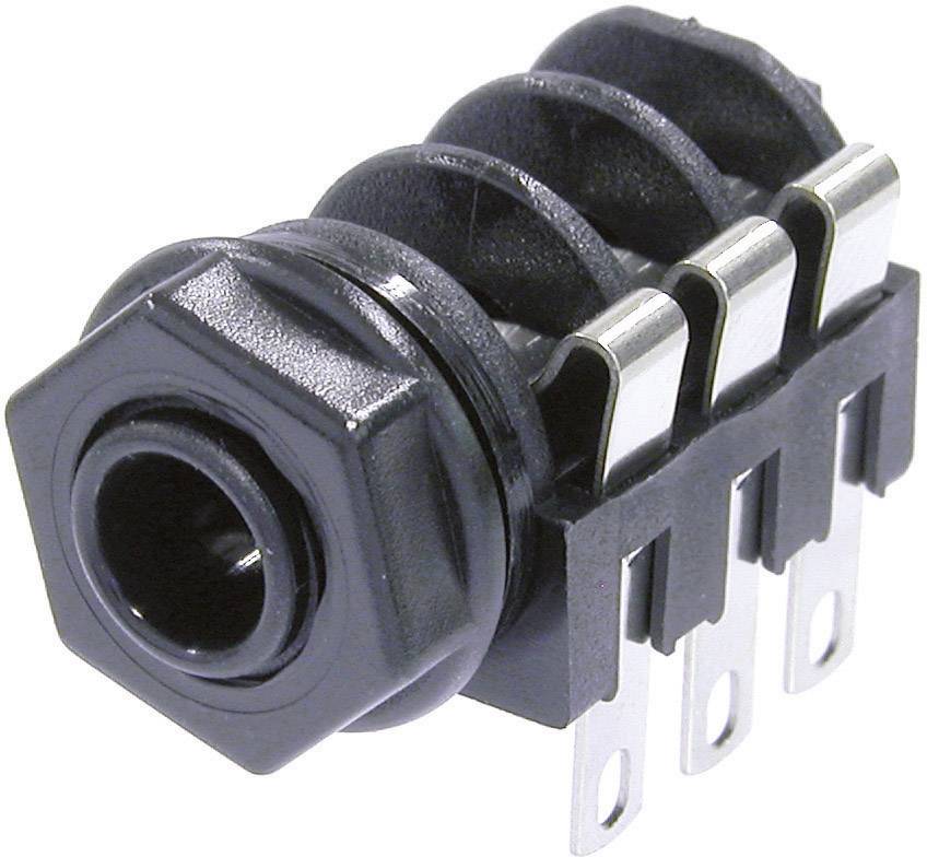 Black audio jack socket with four connections and three metal conductors.