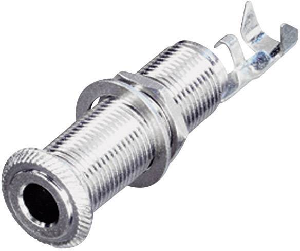 Metal socket with thread and L-shaped contact, used for audio or electronic connections.