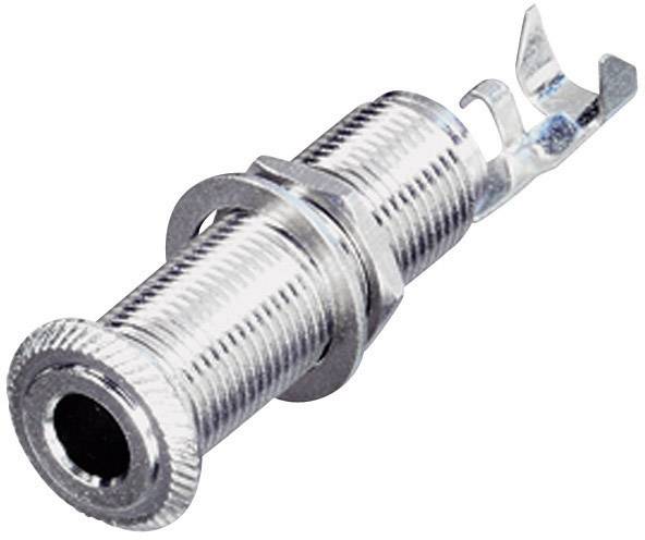 A silver jack socket with threading and mounting elements, suitable for installation on electronic devices.