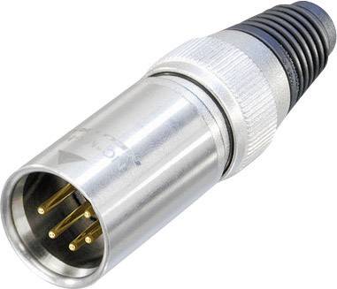 A silver XLR plug with three metal pins and black rubber strain relief at the rear end, commonly used in audio connections.