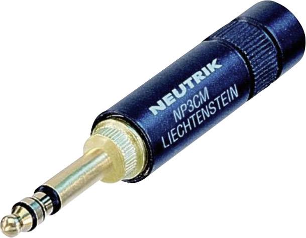 Audio adapter by Neutrik with 6.35mm stereo jack plug, model 'NP3CM Liechtenstein'. Connects audio equipment.