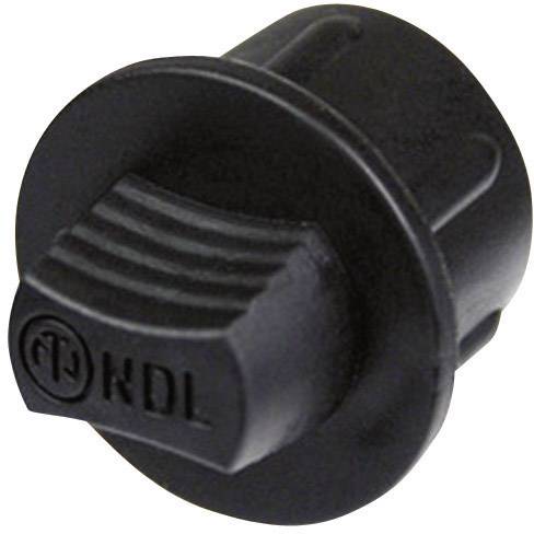 Black plastic rotary knob component, commonly used in electronic devices or machinery, provides a grip for adjusting settings.