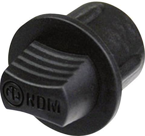 Black plastic button with a ribbed surface and the inscription 'NDM', presumably part of an electrical device or machine.