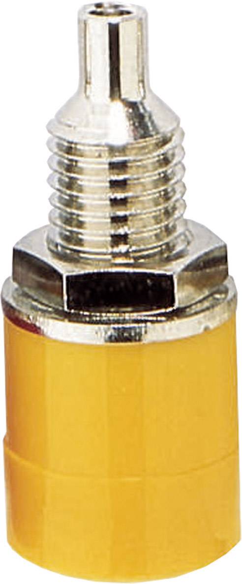 Yellow metal and plastic valve insert used for vehicle tyre valves to regulate air flow.