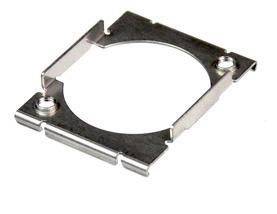 Metal frame mounting bracket for computer processors with rectangular shape and screw holes at the corners.