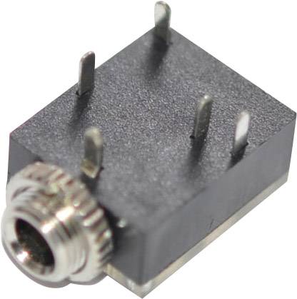 A rectangular black audio plug with five metal pins and a silver socket on the side. Suitable for electronic devices.