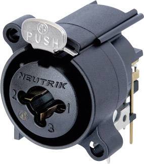 A round electrical plug connector with a key and the inscription 'PUSH' on the top surface. 'NEUTRIK' markings and numbers 1 to 3 are visible.