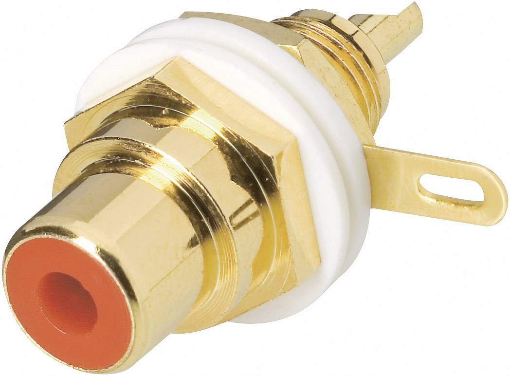 Gold-plated RCA plug with a red inner ring and white insulation; suitable for audio or video connections.