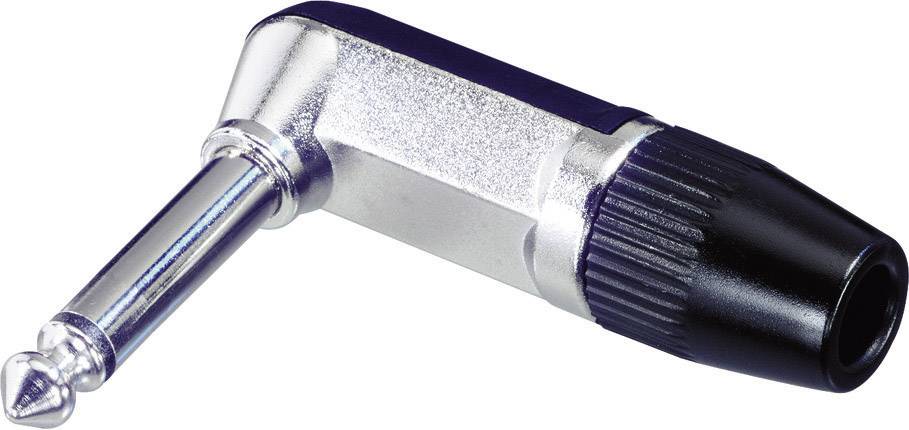An angled jack adapter with a metallic housing and black plastic cover at the end, suitable for audio devices.