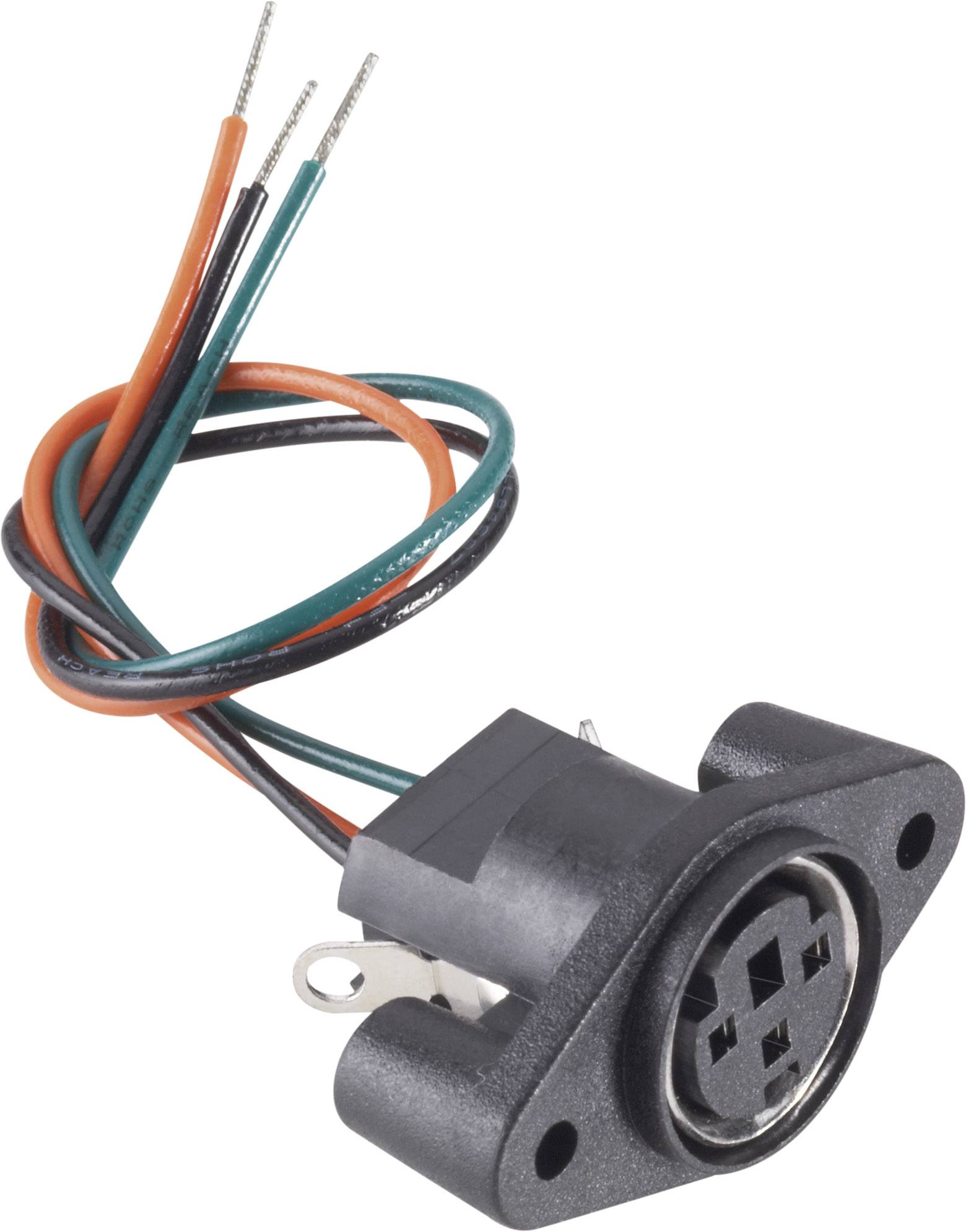 Black DIN socket with four round pins and colourful connection cables (green, red, black).