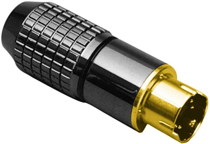 A black and gold coaxial plug with a visibly grooved grip.