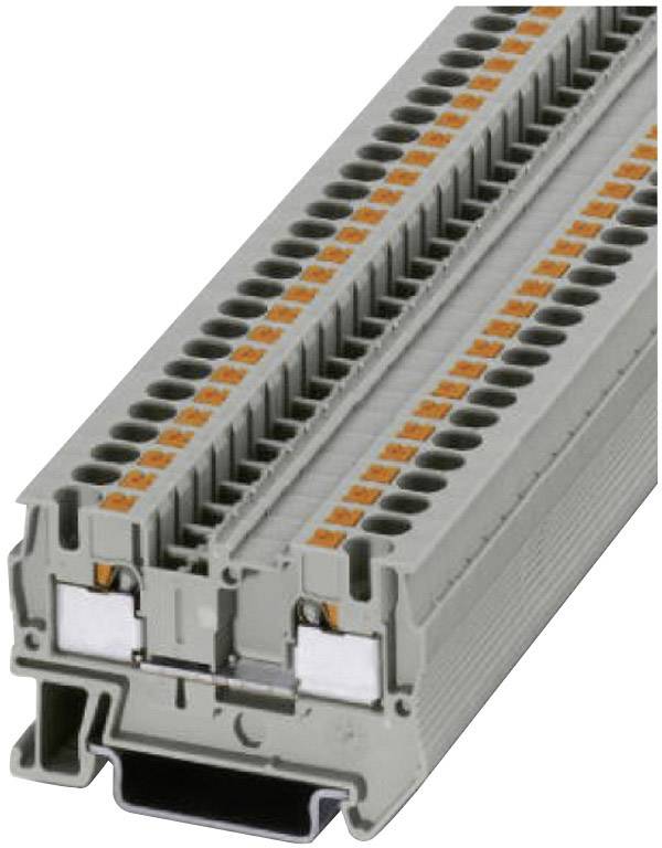 Grey modular terminal block with multiple connections and orange actuators, for wiring electrical systems.