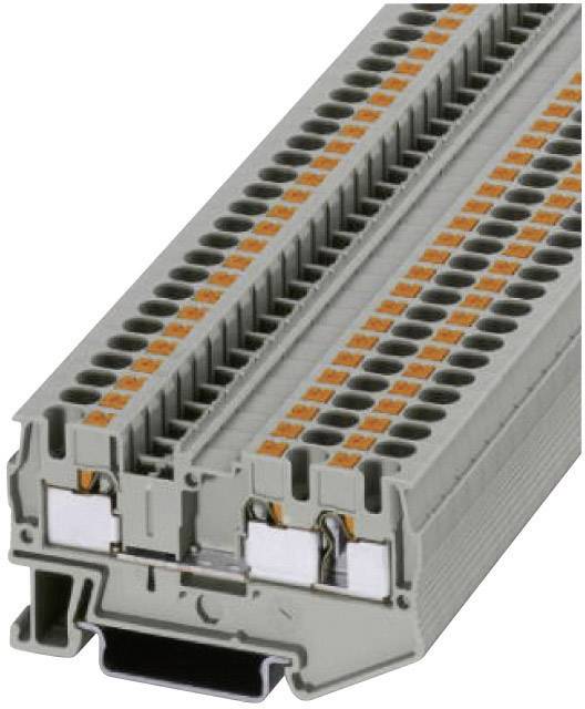 A multi-layered grey connector with multiple connection points and orange markings. Used for electrical connection.