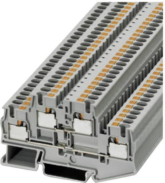 Grey terminal block with orange elements for wiring in control panels, showing multiple connection points for electrical wires.