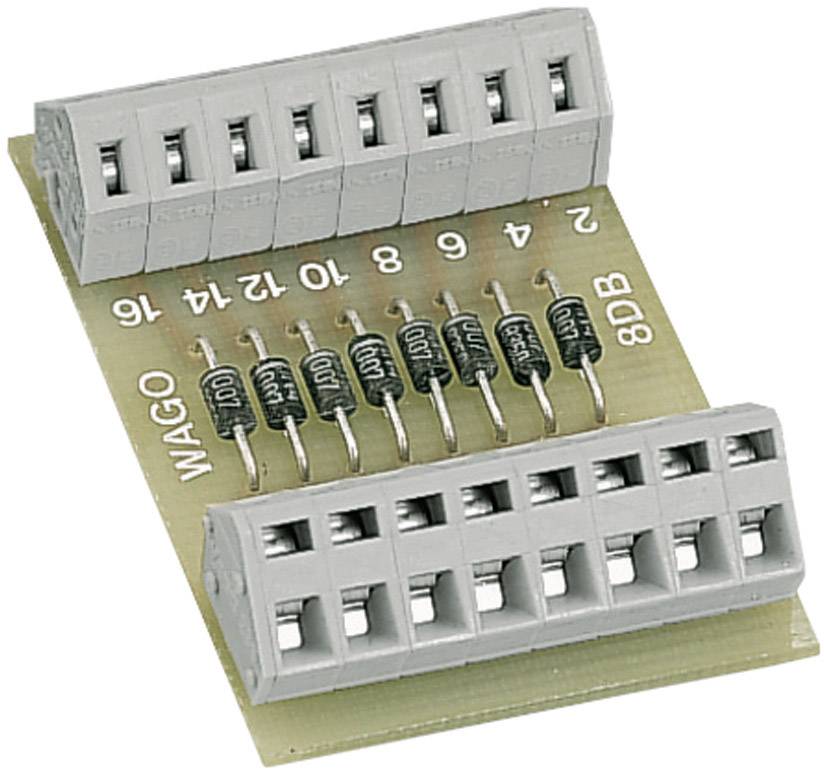 A circuit board with two grey plug terminal rows, with six soldered diodes in between. On the board it reads 'WAGO 8DB'.
