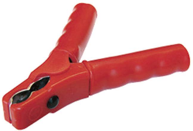 A red battery terminal in close-up, used for connecting cables for vehicle electrical transmission or maintenance.