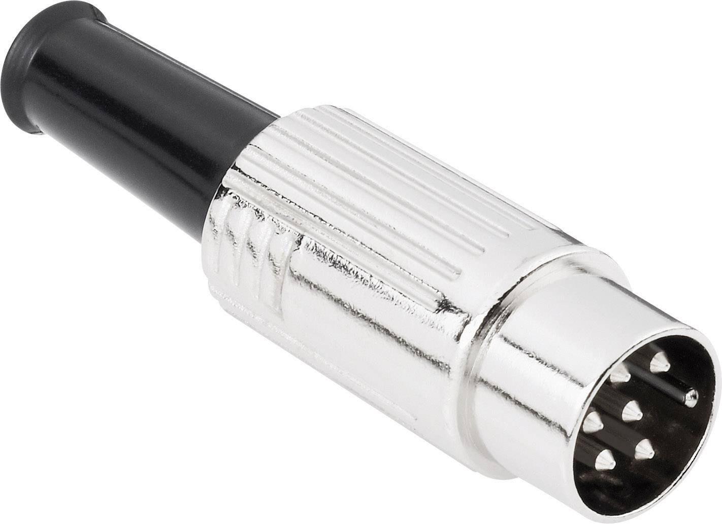 A metallic plug with multiple pins, used for audio or electronic connections, on a white background.